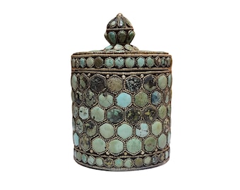 Antique Tibetan Jewelry Box, Trinket Box, Handcarved with Turquoise Stones Setting, Handmade in Tibet, Unique Piece, Collection's Piece