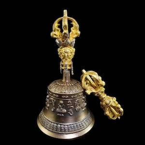 18 cm, Buddhist Bronze Bell and Dorje Vajra Set, Hancarved with Buddha & Tibetan Mantra Design, Handmade in Nepal.