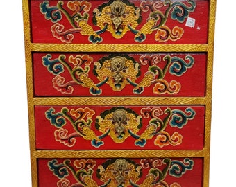 32 x 28 cm, Traditional Tibetan Wooden Chest of Drawers with 4 Drawers & Buddhist Symbols, Handpainted with Thangka Colors, Handmade in Nepal