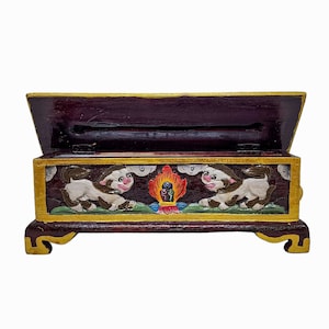 Traditional Tibetan Wooden Incense Burner, Handcarved with Snow Lions Buddhist Symbols, Handpainted with Thangka Colors, Handmade in Nepal