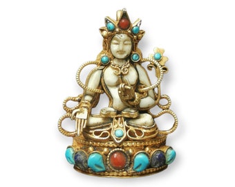 Buddhist WHITE TARA Silver Pendant, Handcarved with Conch Shell, Gold Handplated & Stone Setting, Handmade in Nepal by Tibetan Community