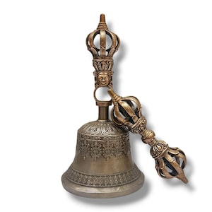 21 cm, High Quality Pure Bronze Bell and Dorje/Vajra Set, Fine Hancarved with Buddhist Design for Buddhist Ritual & Sound, Handmade in Nepal