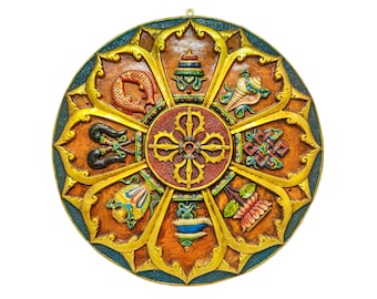55 cm, Buddhist Tibetan Wooden Wall Hanging for Home/Office, Handpainted with Ashtamangala Design & Thangka Colors, Handmade in Nepal