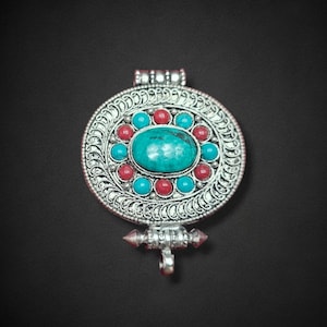 Tibetan Metal Ghau Pendant, Buddhist Prayer Box, Handcarved with Mandala Design & Turquoise/Coral Stones Setting, Handmade in Nepal