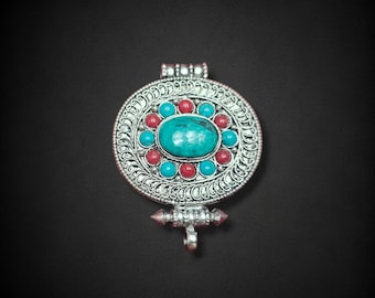 Tibetan Metal Ghau Pendant, Buddhist Prayer Box, Handcarved with Mandala Design & Turquoise/Coral Stones Setting, Handmade in Nepal