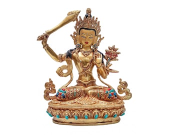 24 cm, buddhistische Manjushree-Statue, handgeschnitzt mit vollständiger Goldplattierung, handbemaltem Goldgesicht und Steinbesatz, handgefertigt in Nepal