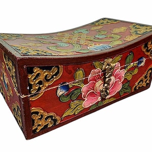 TAMAÑO MEDIANO - Caja de madera tibetana tradicional, tallada a mano con símbolos budistas tibetanos, pintada a mano con colores Thangka, hecha a mano en Nepal