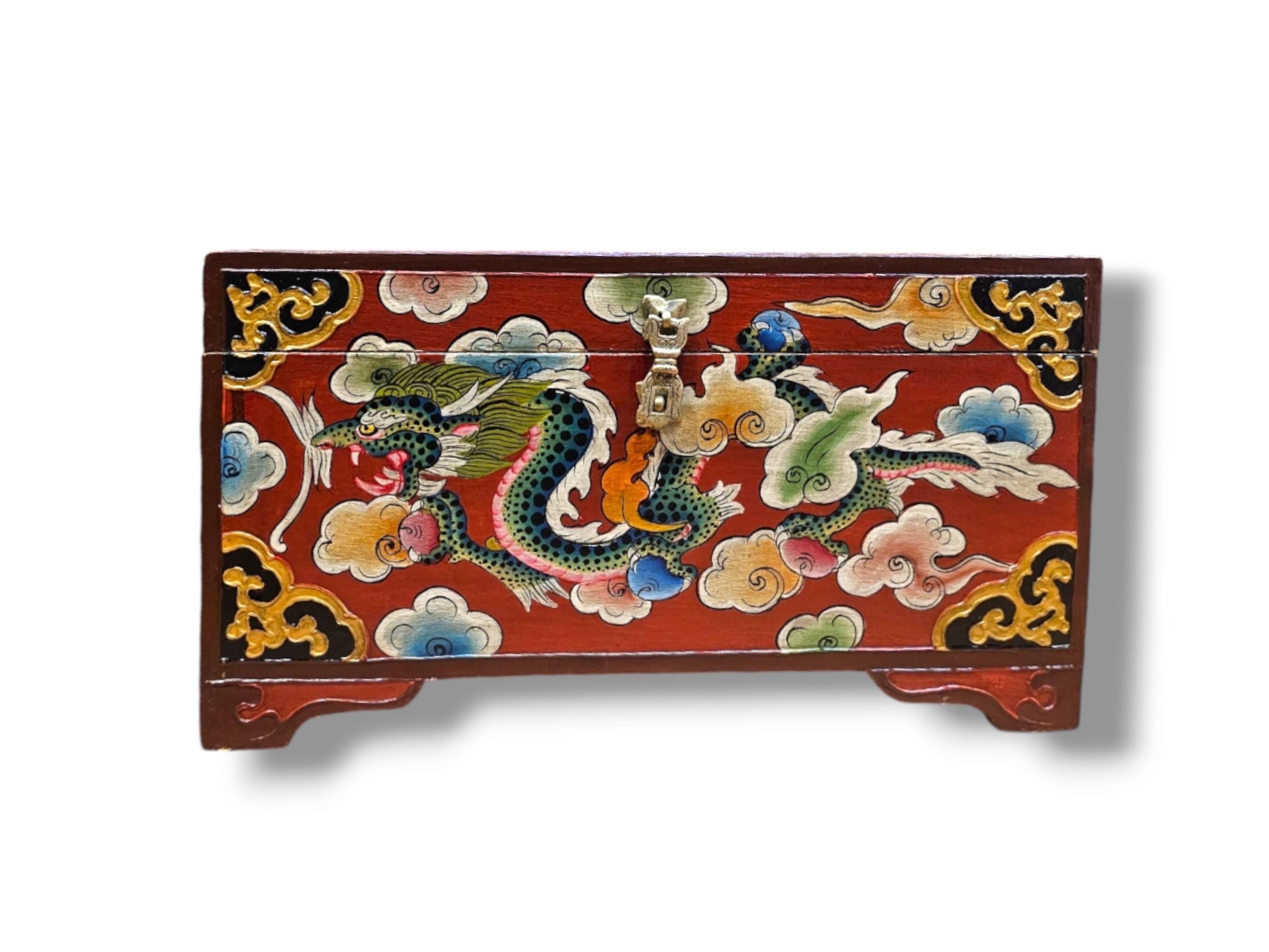 BIG SIZE - Traditional Tibetan Wooden Box/Trunk, Handpainted with Tibetan Dragon/Cheppu Design & Himalayan Thangka Colors, Handmade in Nepal