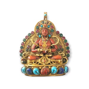 Tibetan Silver Ghau Pendant, Buddhist Prayer Box Amulet, Handcarved with APARMITA, Gold Plated & Real Stones Setting, Handmade in Nepal.