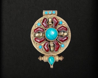 Tibetan Ghau Pendant, Buddhist Prayer box Amulet with DOUBLE DORJEE/VAJRA Design, Coral & Turquoise Stones Setting, Handmade in Tibet