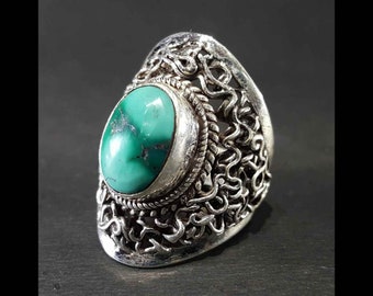 Free Size Silver Tibetan Ring, Handcarved with Sterling Silver 925 & Tibetan Turquoise Stone, Adjustable Size, Unisex Ring,Handmade in Nepal