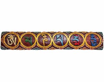 11 x 68 cm、チベット木製壁掛け、チベットマントラオムマニパドメフム