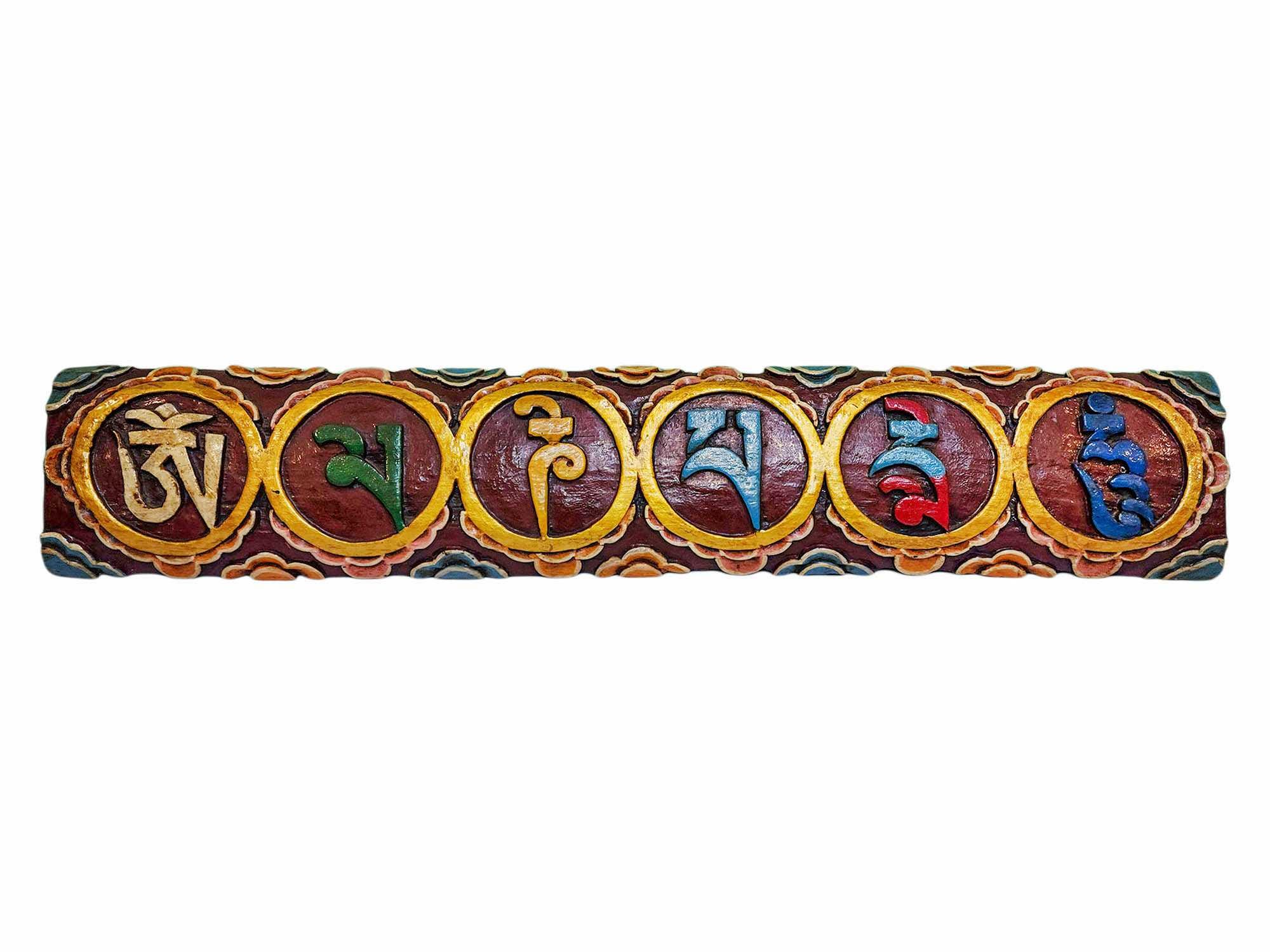 11 x 68 cm、チベット木製壁掛け、チベットマントラオムマニパドメフム