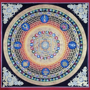 48 x 48 cm, Tibetan Thangka Painting, Mandala with Tibetan Mantra &quot;Ohm Mani Padme Uhm&quot; & Ashtamangala, Handpainted in Buddhist Monastery