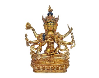 25 cm, Buddhist Statue of Namgyalama, Handcarved with Full Gold Handplating, Handpainted Face with Gold & Stone Setting, Handmade in Nepal