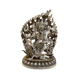 61 cm, Large Tibetan Buddhist Statue of Mahakala, Handbeaten with Sterling Silver Handplating & Chocolate Oxidization, Handmade in Nepal