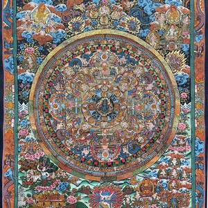 49 x 37 cm, Vintage Buddhist Tibetan Thangka of Buddha Mandala, Handpainted with Thangka Colors by Monks in a Tibetan Monastery in Nepal