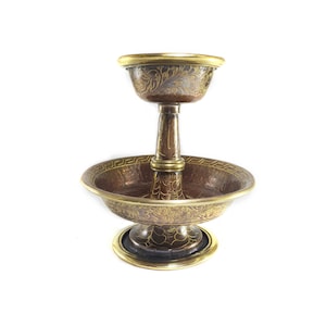 10 cm, Tibetan Serkyem Offering, &quot;The Golden Drink Offering&quot;, for Buddhist Rituals, Hancarved with Oxidization, Handmade in Nepal.