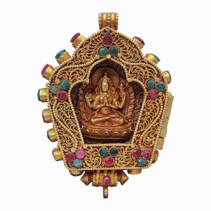 Tibetan Silver Ghau Pendant, Buddhist Prayer Box, Handcarved with MANJUSTREE/CHENREZIG, Gold Handplated & Stones Setting,Handmade in Nepal