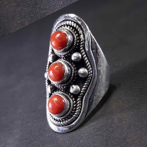 Silver Tibetan Ring, Handcarved with Sterling Silver 925 & Corals Stone Setting, Adjustable Size, Handmade in Nepal.