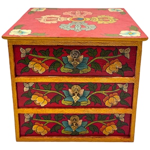 25 x 28 cm, Traditional Tibetan Wooden Chest of Drawers with 3 Drawers & Buddhist Symbols, Handpainted with Thangka Colors, Handmade in Nepal