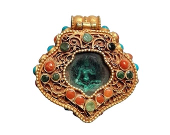 Tibetan Silver Ghau Pendant, Buddhist Prayer Box Amulet with GREEN TARA or PADMASAMBHAVA, Gold Plated and Stone Setting, Handmade in Nepal
