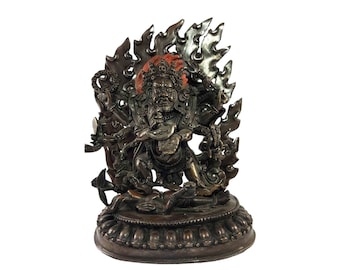 21 cm, Buddhist Statue of BLACK MAHAKALA 6 Arms, Handbeaten with Chocolate Oxidization, Handmade in Nepal by Tibetan Community