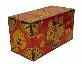 MEDIUM SIZE - Traditional Tibetan Wooden Box, Handpainted with DHARMACHAKRA Buddhist Symbol with Thangka Colors, Handmade in Nepal