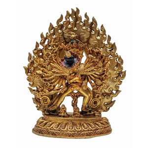 14 cm, Buddhist Miniature Statue of Kalachakra, Handbeaten with Full Gold Handplating & Handpainted Gold Faces,Handmade in Nepal