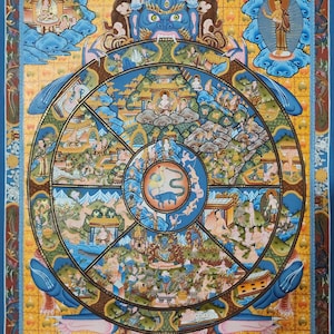46 x 34 CM, tibetisches Thangka-Gemälde des buddhistischen Lebensrades, handgemalt mit Thangka-Farben von buddhistischen Mönchen in einem Kloster in Nepal