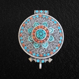 Tibetan Silver Ghau Pendant, Buddhist Prayer Box, Handcarved with Lotus Design with Turquoise & Coral Stones Setting, Handmade in Nepal.