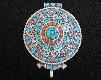 Tibetan Silver Ghau Pendant, Buddhist Prayer Box, Handcarved with Lotus Design with Turquoise & Coral Stones Setting, Handmade in Nepal.
