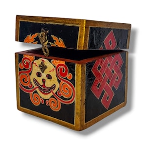 SMALL SIZE - Tibetan Wooden Box with Citapati/Mahakala Design & Buddhist Symbols, Handpainted with Thangka Colors, Handmade in Nepal