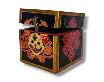 SMALL SIZE - Tibetan Wooden Box with Citapati/Mahakala Design & Buddhist Symbols, Handpainted with Thangka Colors, Handmade in Nepal