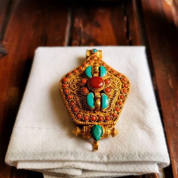 Antique Tibetan Ghau Pendants, Buddhist Prayer box Amulet, Handmade in Nepal with Coral & Turquoise Stones Setting, DORJEE Design.