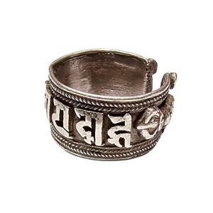 Unisex Silver Tibetan Ring with Handcarved Tibetan Mantra &quot;Ohm Mani Padme Hum&quot;, Adjustable Size, Handmade in Nepal by Tibetan Community