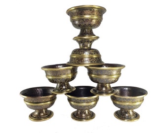 Tibetan Offering Bowls Set with Stand for Buddhist Rituals, Hancarved with Antique Finishing,Different sizes,7 Pieces Set, Handmade in Nepal