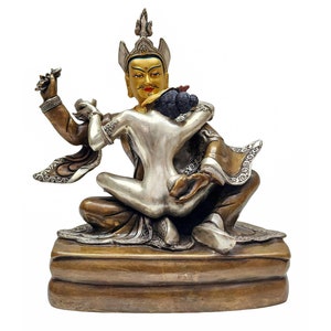 25 cm, Tantric Buddhist Statue of Padmasambhava with Shakti with Silver, Chocolate Oxidization & Gold Handpainted Faces, Handmade in Nepal