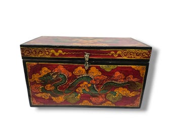 BIG SIZE - Traditional Tibetan Wooden Box, Handpainted with Dragon Design & Traditional Himalayan Thangka Colors, Handmade in Nepal
