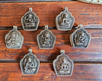Vintage Tibetan Silver Ghau Pendants, Buddhist Prayer Box Amulets, Handcarved with Bodhisattvas & Typical Siku Filigree, Handmade in Nepal