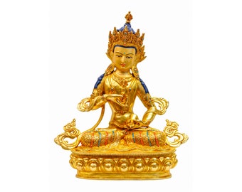 34 cm, Buddhist Statue of Vajrasattva, Handbeaten & Full Fire Gold Handplated, Handpainted Face with Gold, Stone Setting, Handmade in Nepal