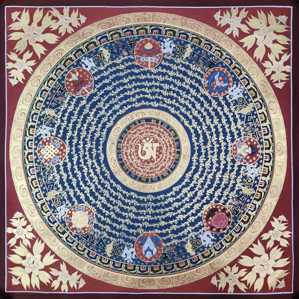 50×50 cm, Tibetan Thangka Painting, Mandala with Tibetan Mantra "Ohm Mani Padme Uhm" & Ashtamangala, Handpainted in Buddhist Monastery Nepal