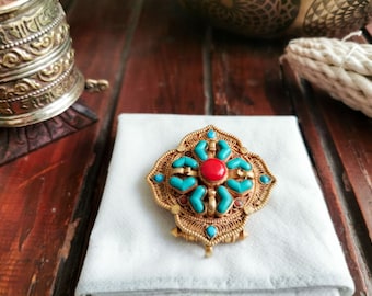 Tibetan Ghau Pendant, Buddhist Prayer Box Amulet, Handcarved with DOUBLE DORJEE Design,Corals & Turquoise Stones Setting, Handmade in Nepal.