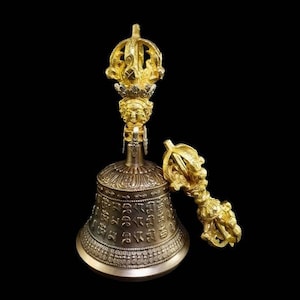18 cm, Buddhist Bronze Bell and Dorje Vajra Set, Hancarved with Tibetan Mantra Design, Handmade in Nepal by Tibetan Community