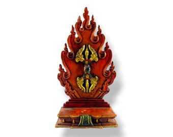 29 cm, Traditional Tibetan Wooden Altar, Throne For Small Statues, Handpainted with Thangka Colors & Vajra/Dorjee Design, Handmade in Nepal