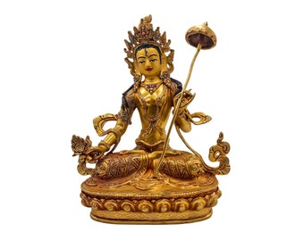 23 cm, Buddhist Statue of Sitatapatra Umbrella Tara, Handcarved with Full Gold Handplating & Handpainted Face with Gold, Handmade in Nepal