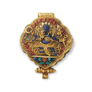 Tibetan Silver Ghau Pendant, Buddhist Box Amulet, Hancarved MAHAKALA & GREEN TARA, Full Gold Plated and Stones Setting, Handmade in Nepal