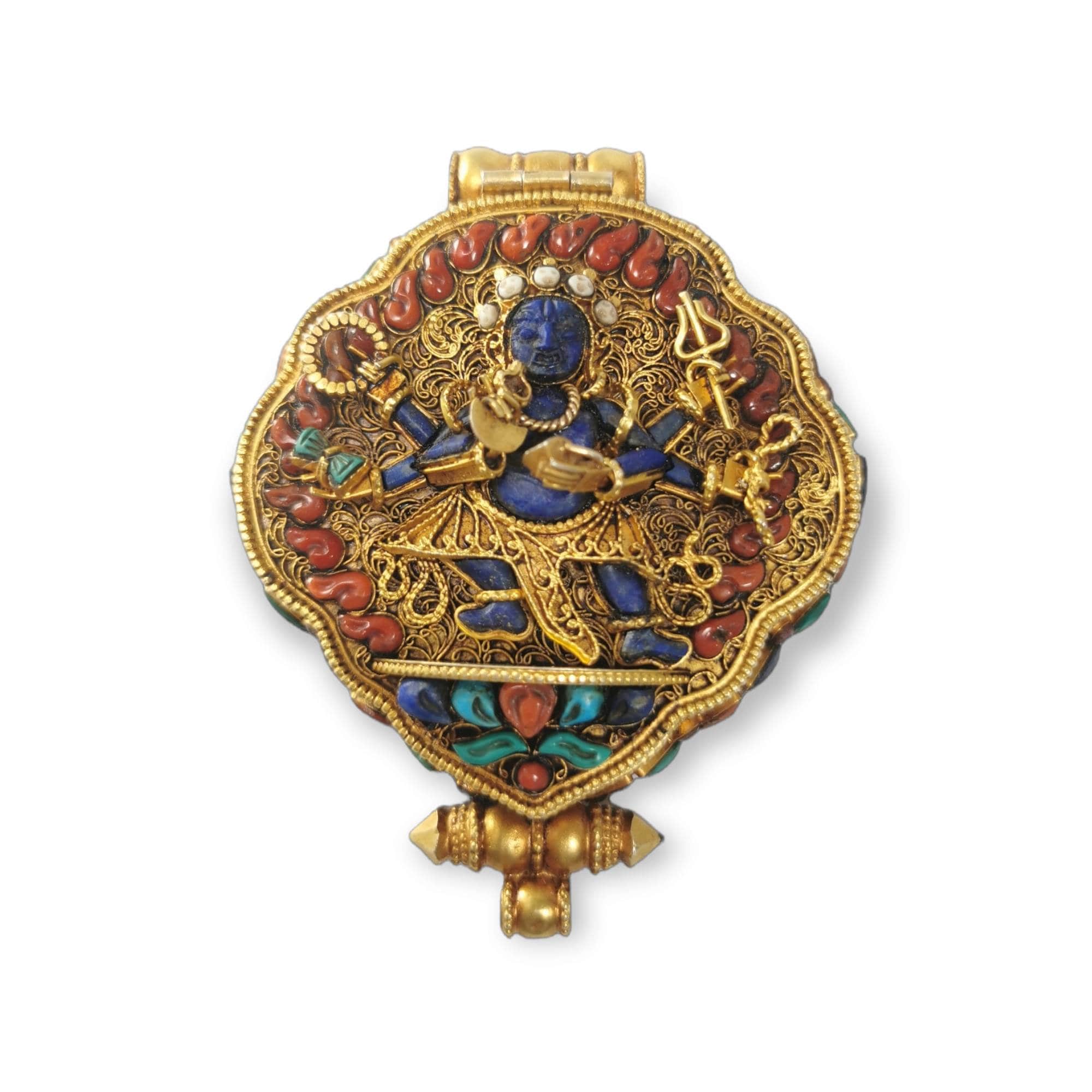 Tibetan Silver Ghau Pendant, Buddhist Box Amulet, Hancarved MAHAKALA & GREEN TARA, Full Gold Plated and Stones Setting, Handmade in Nepal