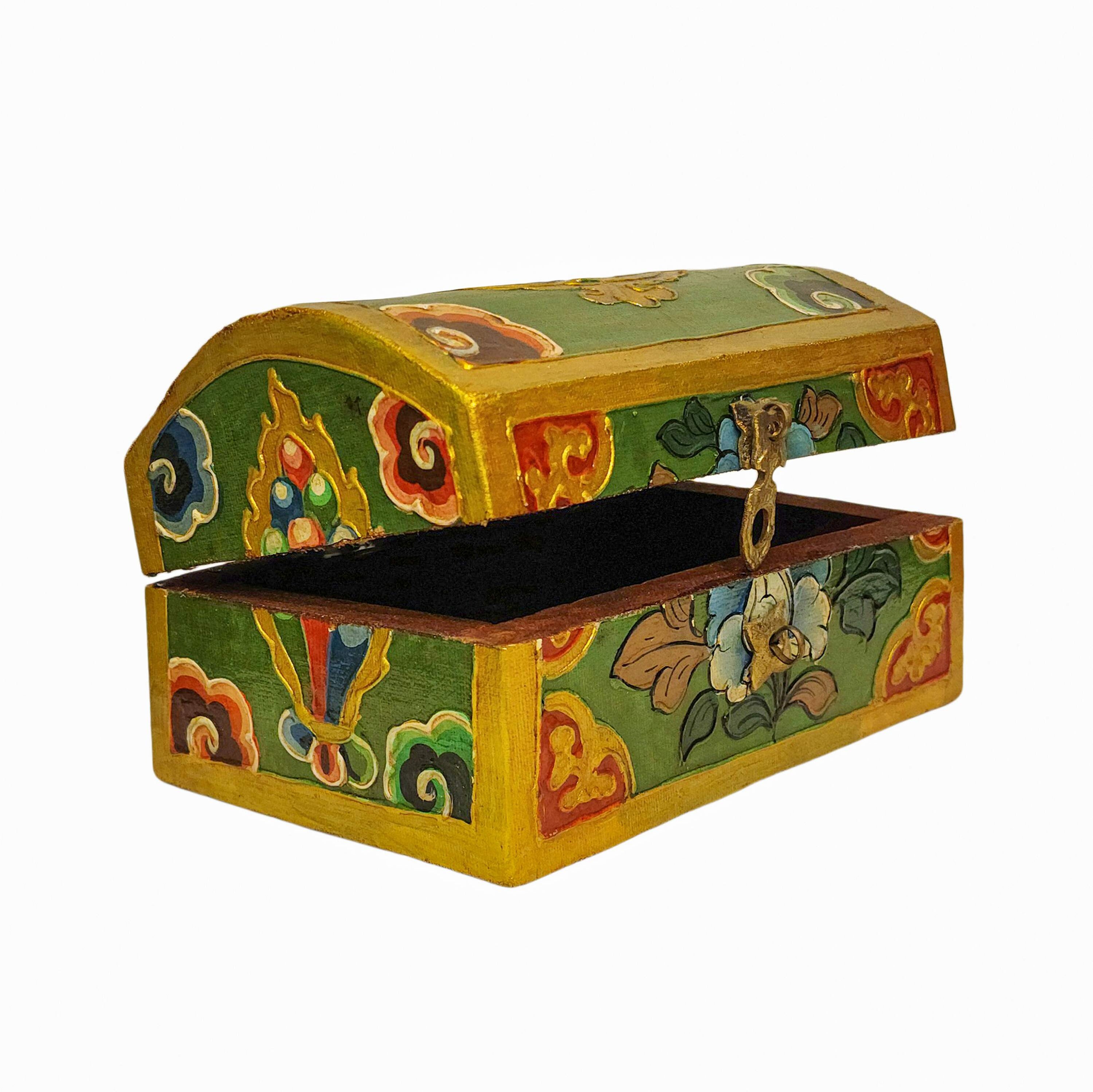 SMALL SIZE - Traditional Tibetan Wooden Boxes, Handcarved with Tibetan Buddhist Symbols, Handpainted with Thangka Colors, Handmade in Nepal
