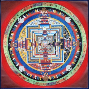 99 x 99 cm, Buddhist Tibetan Thangka Painting with Kalachakra Mandala, Handpainted with Traditional Himalayan Colours, Handmade in Nepal